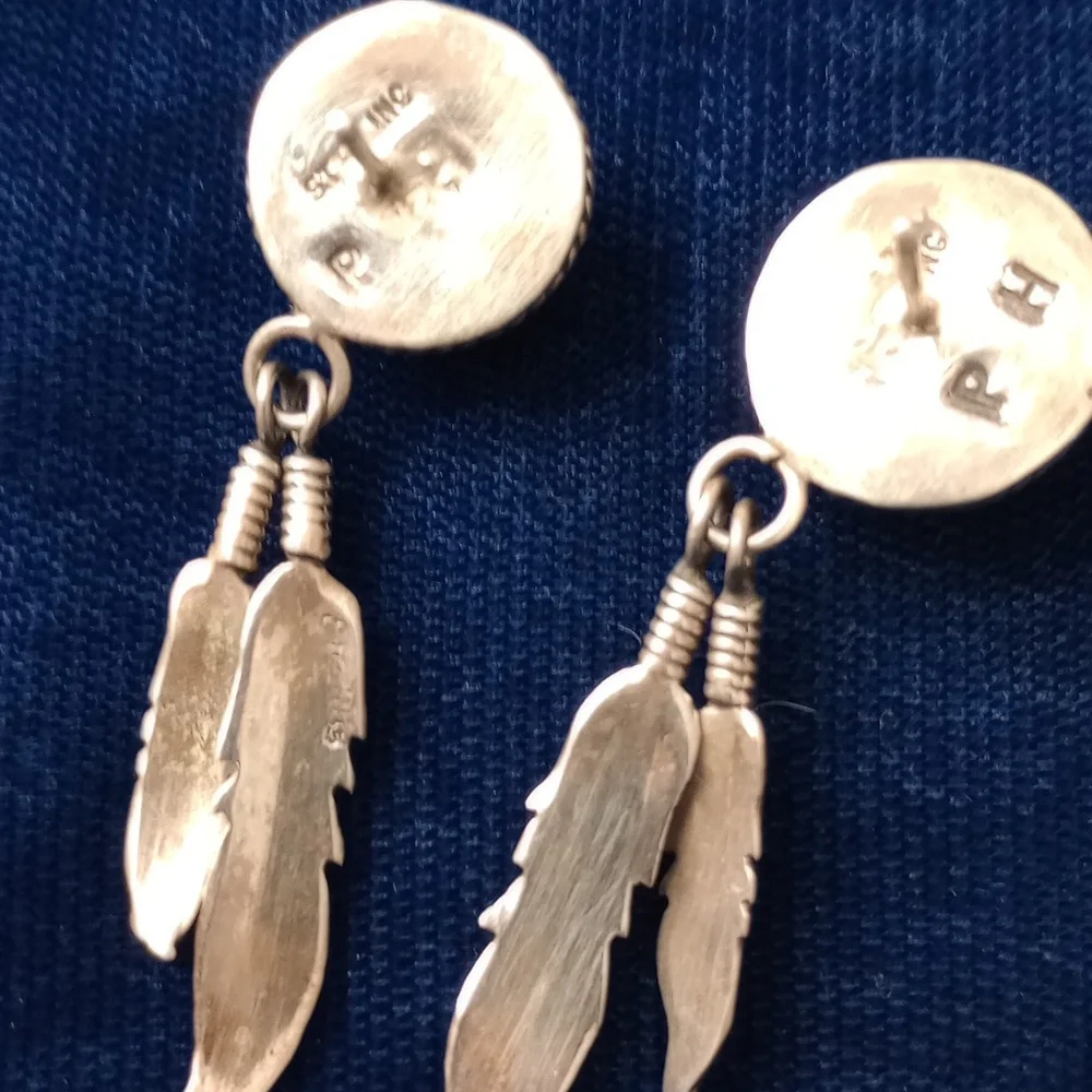 Sterling Silver Feather Earrings with SunFace Multicolor Inlay Studs Signed PH - Picture 6 of 15